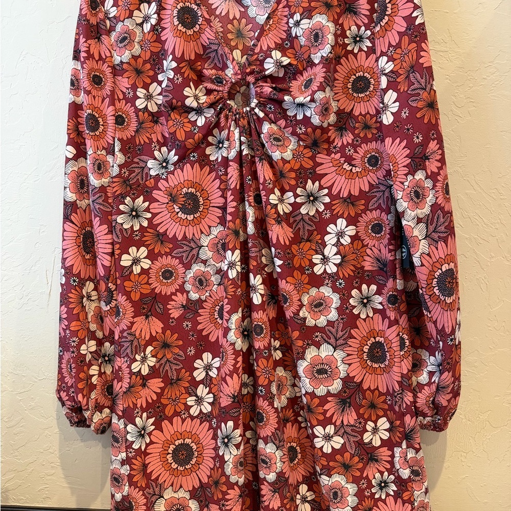 As you wish hippie dress long sleeve floral flowers red pink size large